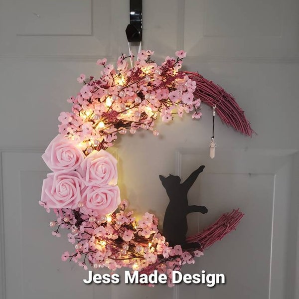 Pink Cat Moon Wreath, Rose Quartz Crystal, Floral Wall Decor