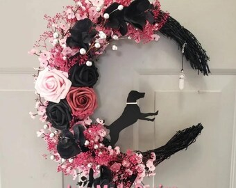 Dog Moon Wreath: Pink & Black Floral Crescent, Gothic Halloween Decor
