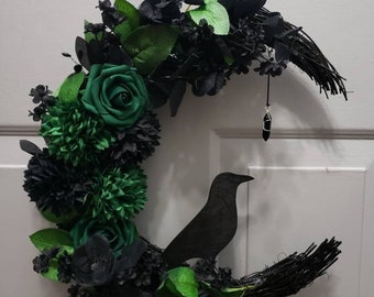Crow Moon Wreath: Gothic Halloween Decor, Raven Wall Decor, 14"