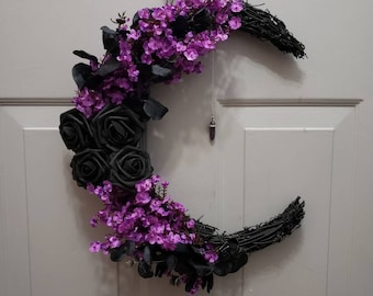Purple Moon Wreath: Gothic Halloween Decor with Amethyst Crystal (14")