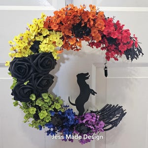 Dog moon wreath. Doggie wall decor. Rainbow moon wreath. Rainbow dog wreath. Gothic wall art. Rainbow goth wall decor. Christmas gift. 14&quot;