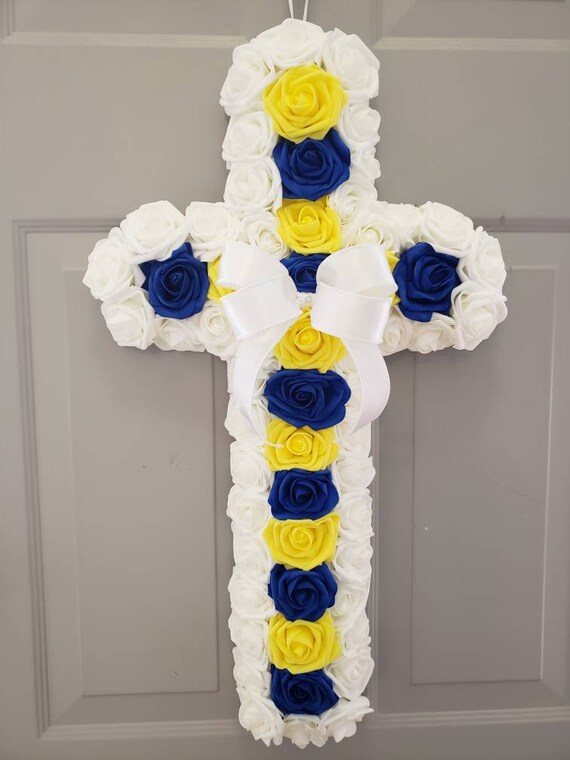 Ukraine Cross Wreath. Ukraine Door Hanger. White Rose Cross Etsy