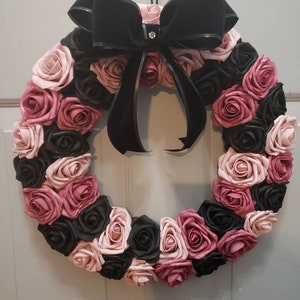 Pink & Black Rose Wreath: Velvet Bow Front Door Decor