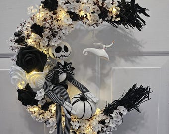 Skeleton Moon Wreath, Gothic Halloween Decor, Black & White, 14"