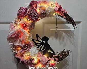 Fairy Moon Wreath: Pink Floral, Rose Quartz Crystal, Fall Decor