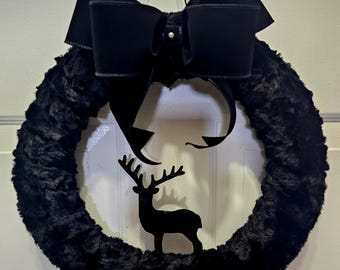 Gothic Christmas Wreath, Black Fuzzy Deer Decor