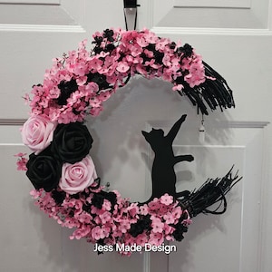 Pink Cat Moon Wreath, Crescent Moon Wreath,  Pastel Goth Wreath, Pink Black Crystal Moon Wreath, Illuminated Light Up Witchy Wreath