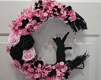 Pink Cat Moon Wreath, Crescent Moon Wreath,  Pastel Goth Wreath, Pink Black Crystal Moon Wreath, Illuminated Light Up Witchy Wreath