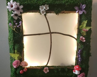 Fairy Window Wreath, Fairy Nightlight, Cottagecore Door Hanger, Mushroom Wreath, Mossy Wall Decor