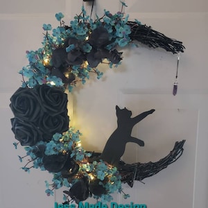 Cat moon wreath, Crescent moon decor, Teal celestial wall decor, Gothic home decor, Gothic gift, Black and blue wreath. 14"