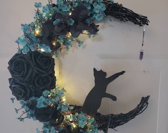 Cat moon wreath, Crescent moon decor, Teal celestial wall decor, Gothic home decor, Gothic gift, Black and blue wreath. 14"