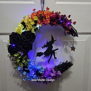 Flying Witch Moon Wreath, Colorful Crescent Moon Wreath, Witchy Fantasy Wreath, Gothic Door Wreath, Rainbow Moon Wreath, Halloween Decor