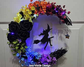 Flying Witch Moon Wreath, Gothic Halloween Decor with Fairy Lights