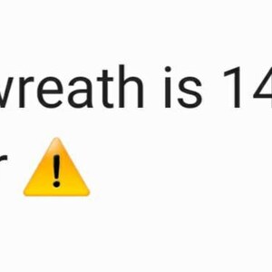 May include: Warning sign with an exclamation point. Text reads: This wreath is 14" in diameter.