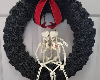 Gothic Skeleton Couple Wreath, Black Roses, Romantic Skull Decor