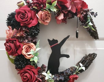 Moody Cat Moon Wreath, Gothic Fall Floral Door Decor