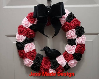 Gothic Valentine's Day Raven Wreath, Spooky Rose Decor (16")