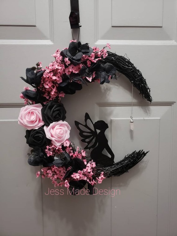 Pink Fairy Moon Wreath, Gothic Home Decor (14")