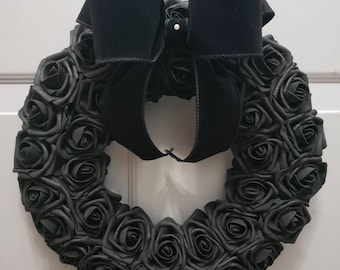 Black Rose Wreath, Gothic Dark Floral Wall Hanging, Witchy Home Decor