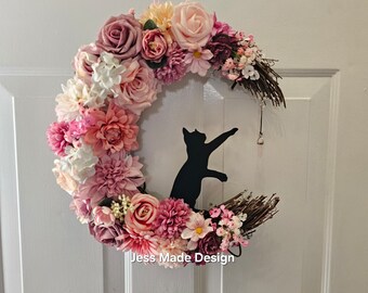 Pink Floral Moon Wreath: Cat Silhouette, Rose Quartz Crystal, Witchy Decor