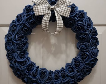 Navy Blue Rose Wreath, Fall Home Decor, Plaid Bow
