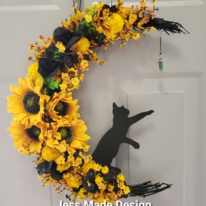 Sunflower wreath, Sunflower wall decor,  Black cat home decor, Spring door wreath, Birthday gift, Cat moon wreath. 14&quot;