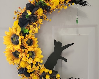 Sunflower Black Cat Moon Wreath, Green Aventurine Crystal, 14”