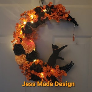 Crescent Moon Wreath, Cat Wall Decor, Gothic Home Decor, Cat Wreath, Front Door Wreath, Halloween Decor, Orange and Black Wreath