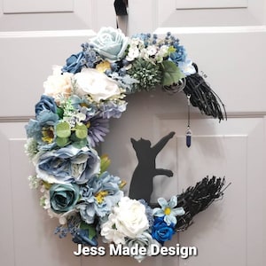 Blue cat moon wreath, Spring door wreath, Witchy moon decor, Black cat gift, Mother's day gift, Crystal moon wreath, Spring decor, 14"