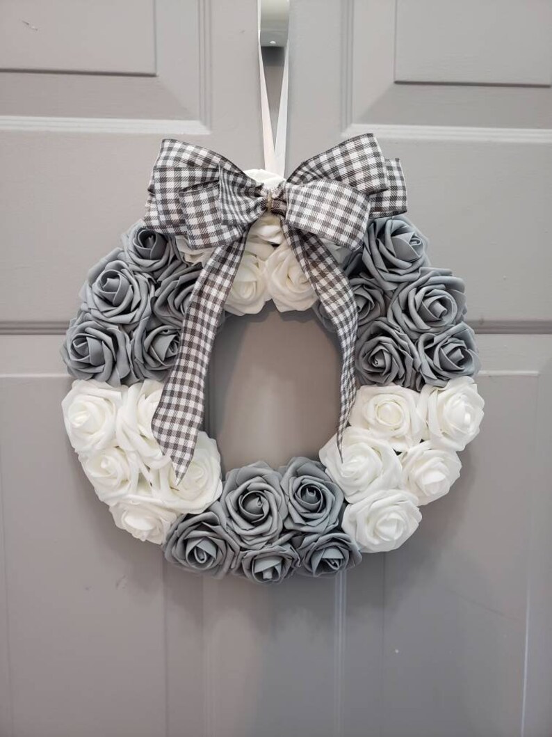 Farmhouse Front Door Wreath. Grey and White Wall Decor. Etsy
