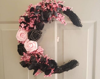Pink Moon Wreath. Pink Witchy Wreath. Gothic Door Wreath. Cherry Bloosom Wreath. Protection wreath 14"