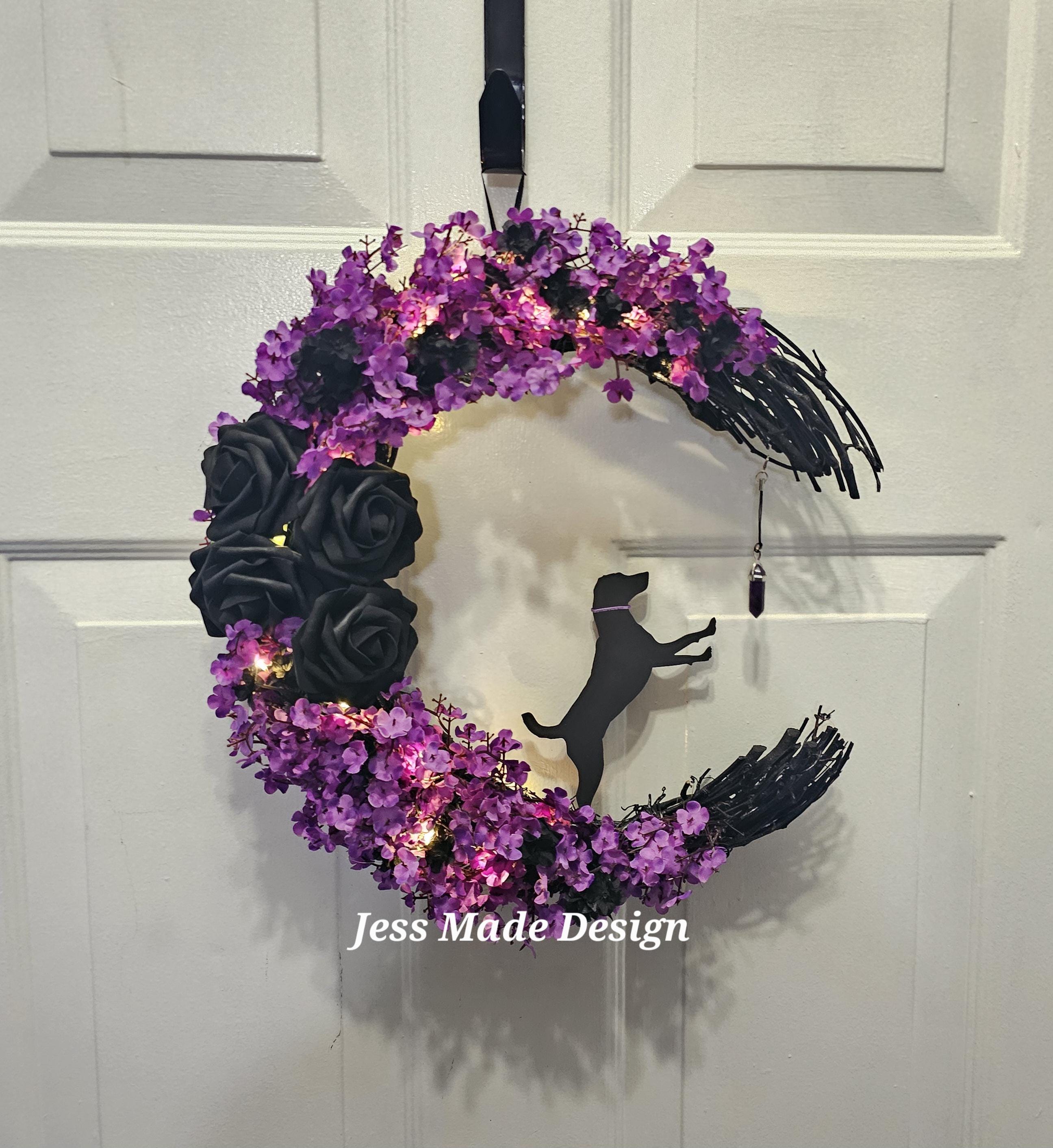 Dog moon wreath. Purple and black crescent moon wreath. Halloween wreath. Gothic gift. Witchy wall art. Crystal moon decor.