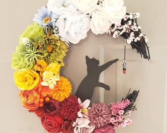 Cat wreath, Rainbow cat moon wreath,  Bright and colorful wreath, Summer door decor, Rainbow wall decor, Birthday gift , 14"