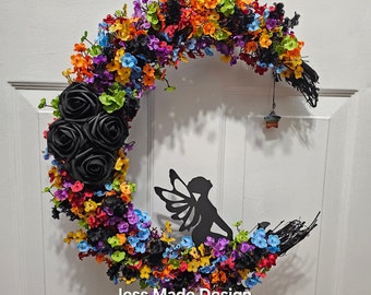 Fairy Moon Wreath, Rainbow Moon Wreath, Fantasy Art, Fairy Wall Decor, Spring Wreath, Easter Gift