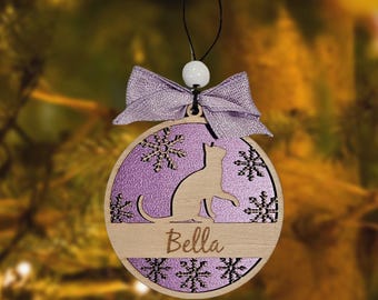 Personalized Cat Christmas Ornament: Engraved Wood Pet Gift Tag, Stocking Tag