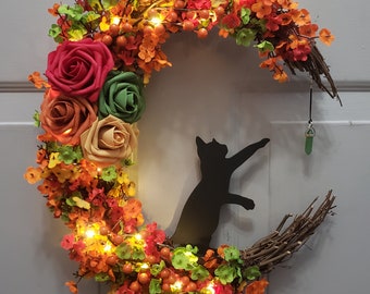 Fall Crescent Moon Wreath: Black Cat & Crystal Accent, 14"