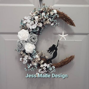 Mermaid wreath, Coastal wall decor, Beachy moon wreath, Summer wall decor, Mermaid gift, Mermaid bathroom decor,  Beachhouse decor, 14"