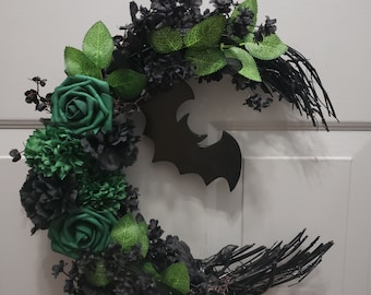 Crescent Moon Bat Wreath: Gothic Halloween Decor, Green & Black Floral
