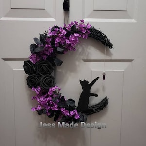 Cat Moon Wreath, Purple Halloween Wreath, Gothic Home Decor, Black Cat Decor, Witchy Wall Decor, Birthday Gift, Crystal Moon Wreath