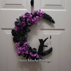 Cat Moon Wreath, Purple Gothic Halloween Decor, Witchy Crystal Moon, Black Cat Decor, Birthday and Occult Gift, 14&quot;