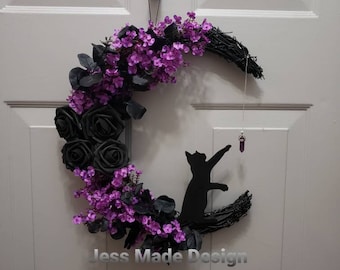 Cat Moon Wreath, Purple Gothic Halloween Decor, Witchy Crystal Moon, Black Cat Decor, Birthday and Occult Gift, 14&quot;