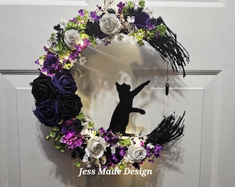 Cat Moon Halloween Wreath: Spooky Gothic Fall Decor
