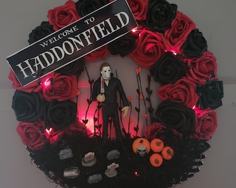 Michael Myers Halloween Wreath: Spooky Roses & Figure, 14"