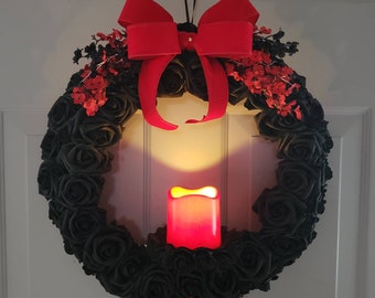 Gothic Black Rose Wreath with LED Candle, Halloween Home Decor
