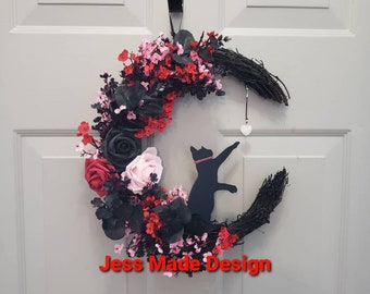 Gothic Valentine's Wreath: Black Cat, Moon & Rose Quartz Heart (14")