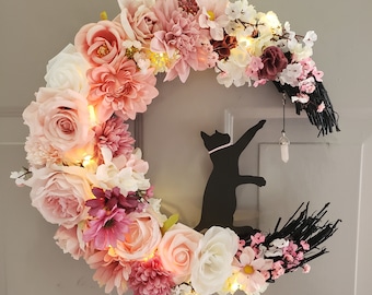 Pink Floral Moon Wreath: Cat & Rose Quartz Crystal, Witchy Decor