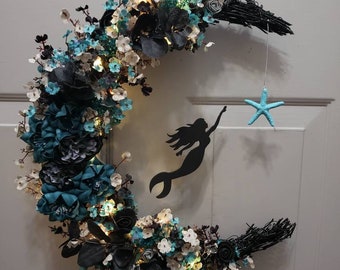 Mermaid Moon Wreath: Dark Teal Fantasy Wall Decor