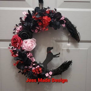 Valentine's Day dog moon wreath. Gothic Valentine's Day wreath. Crystal moon wall decor. Valentine's Day gift. Dog lover gift. Valoween. 14"