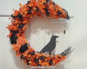 Halloween moon wreath, Crow wreath, Crescent moon wreath, Gothic wall decor, Orange and black decor, Vintage Halloween decor, Raven decor