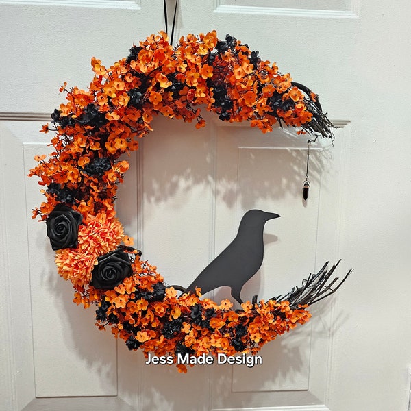 Halloween moon wreath, Crow wreath, Crescent moon wreath, Gothic wall decor, Orange and black decor, Vintage Halloween decor, Raven decor